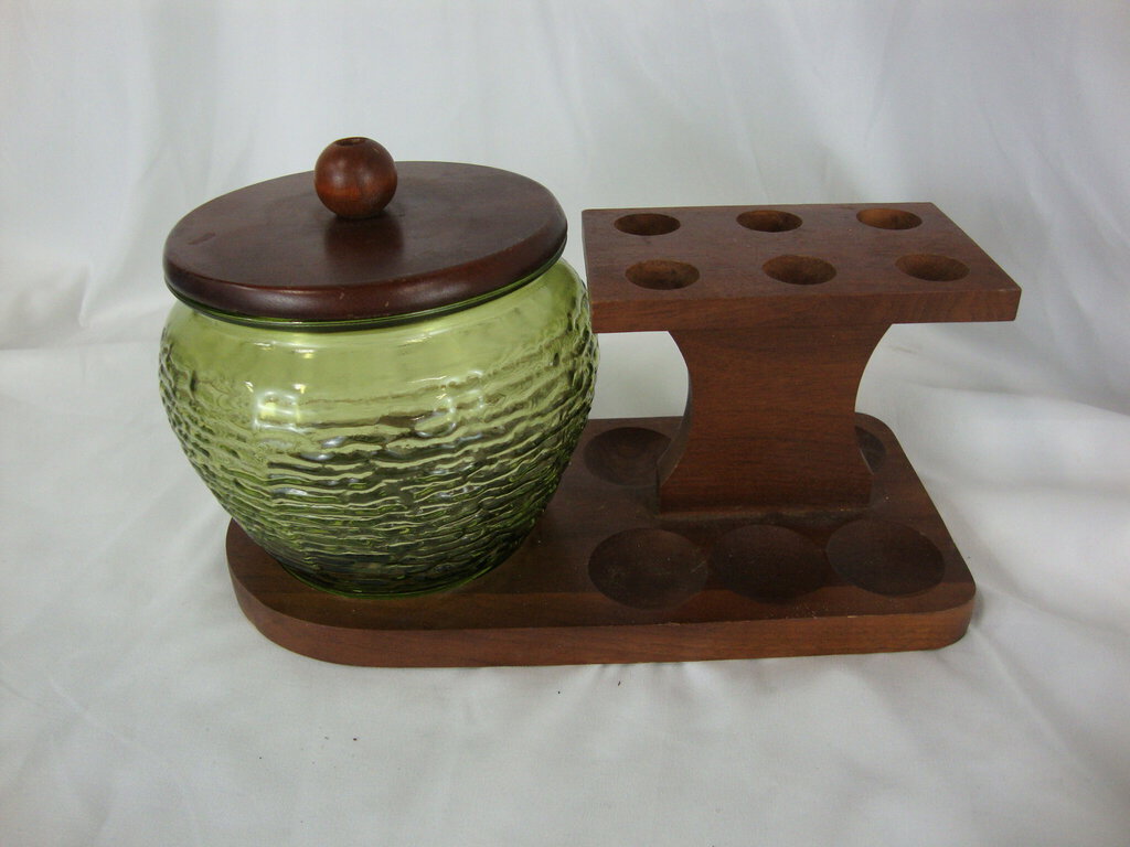 Vintage 6 Pipe Holder with Green Glass Humidor with Wood Lid