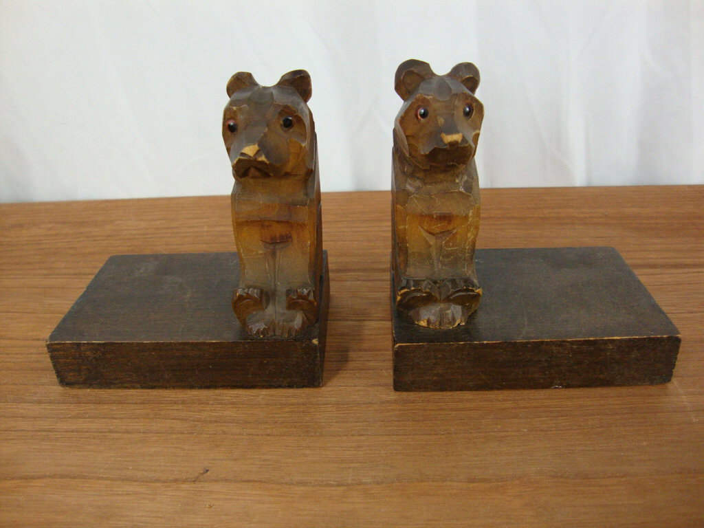 Vintage German Carved Rustic Bear Wood Bookends Pair