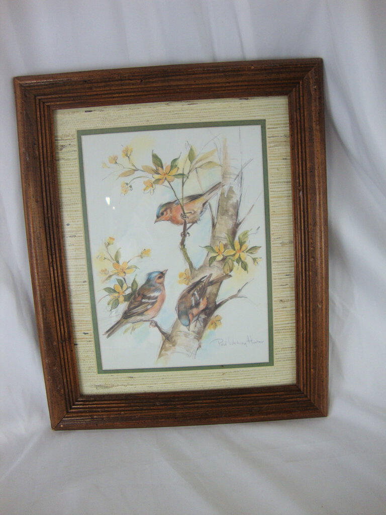 Vintage Paul Whitney Hunter Spring Birds on Branch Framed Wall Art Decor
