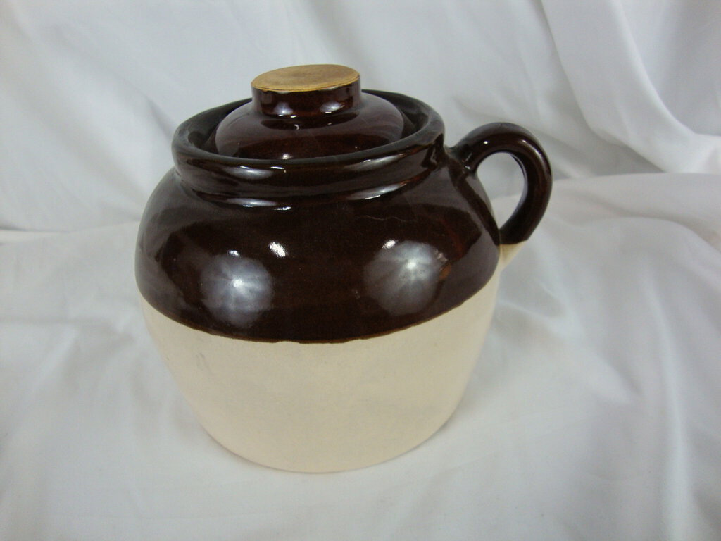 Vintage USA Stoneware Bean Pot Jug with Finger Loop and Lid