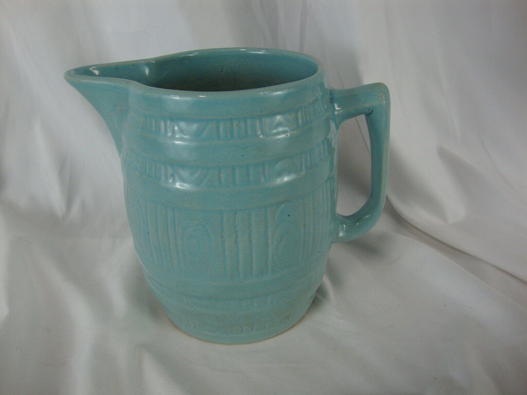 Vintage McCoy? Aqua Stoneware Barrel Design Country Farmhouse Pitcher Decor