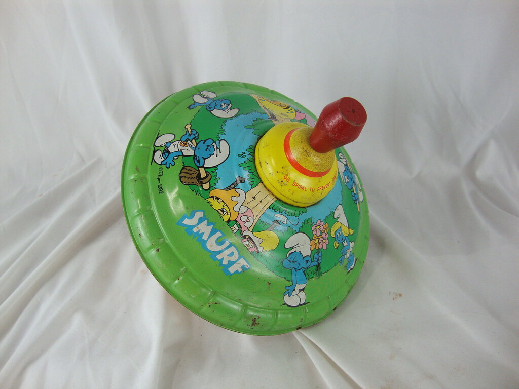 Vintage 1982 Ohio Art SMURF Tin Litho Spinning Large Metal Top