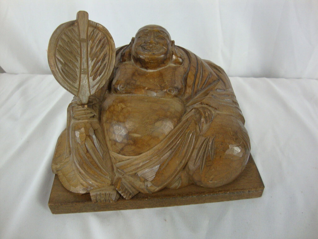 Vintage Hand Carved Wood Buddha with Removable Fan Paddle on Separate Base