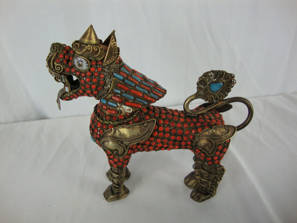 Vintage Foo Dog Brass with Inlaid Stones Swivel Head Figure