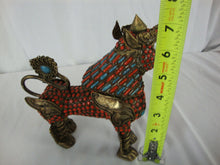 Load image into Gallery viewer, Vintage Foo Dog Brass with Inlaid Stones Swivel Head Figure
