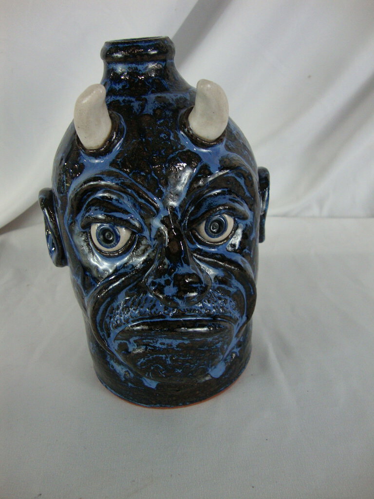 Lolly Lynn Folk Art Blue Streaked Devil Ugly Face Jug