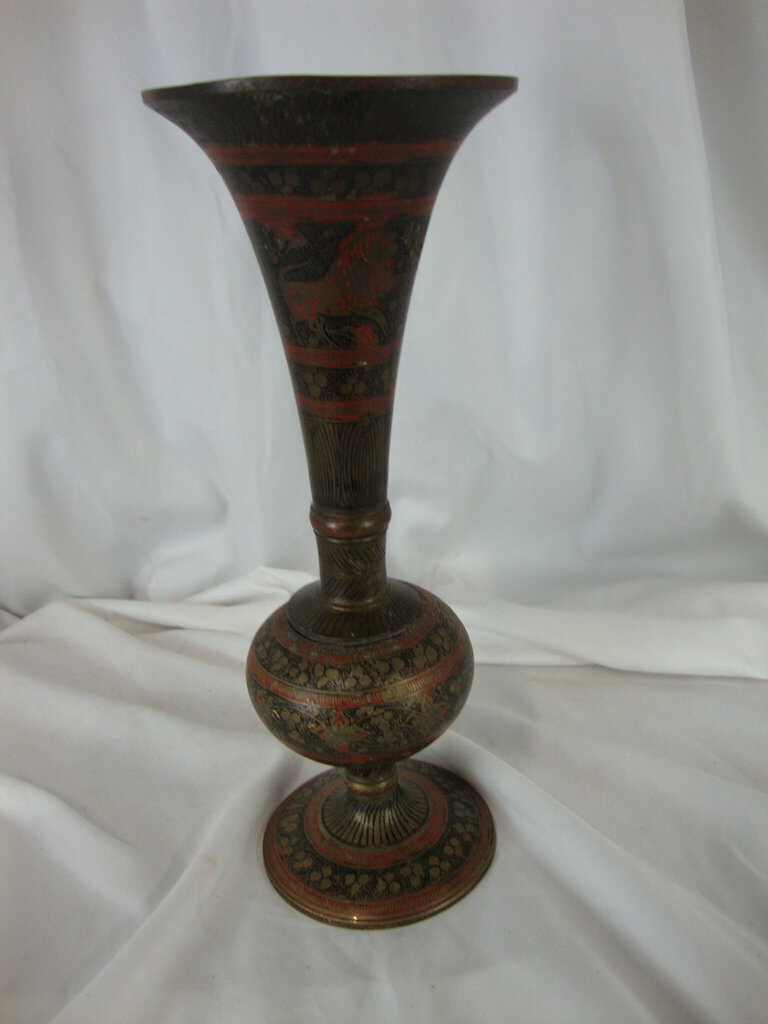Vintage Indian Brass Metal Floral Two Piece Pedestal Vase
