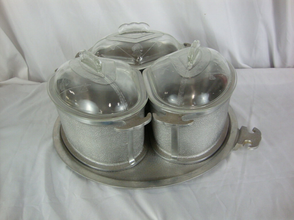 Vintage Guardian Service Aluminum (3) Serving Dishes with Glass Lids and (1) Handled Platter