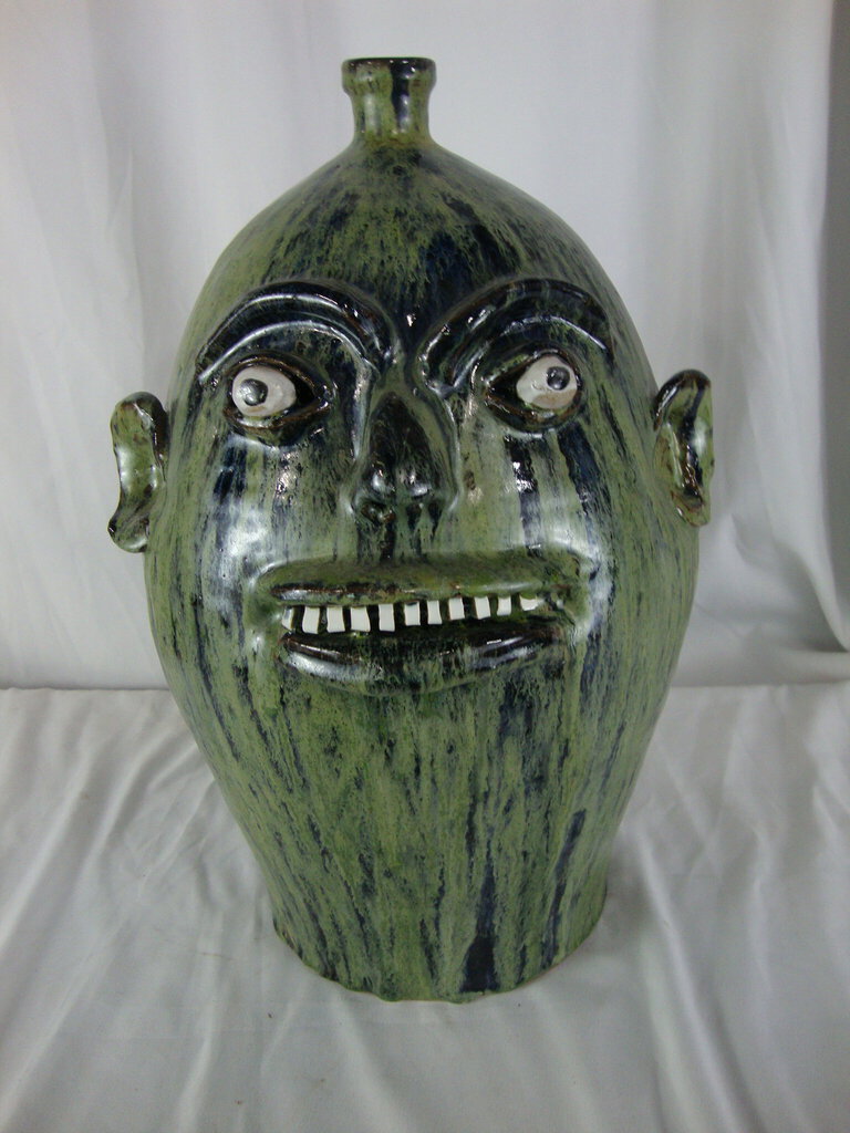 Marvin Bailey Artist Folk Art Blue Green Streaked Large Ugly Face Jug