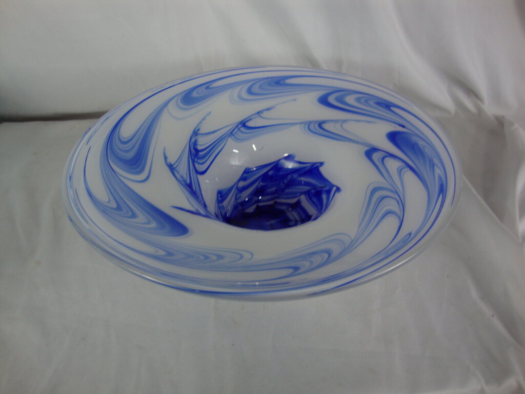 Vintage Cobalt Blue and White Swirled Art Glass Console Decor Bowl