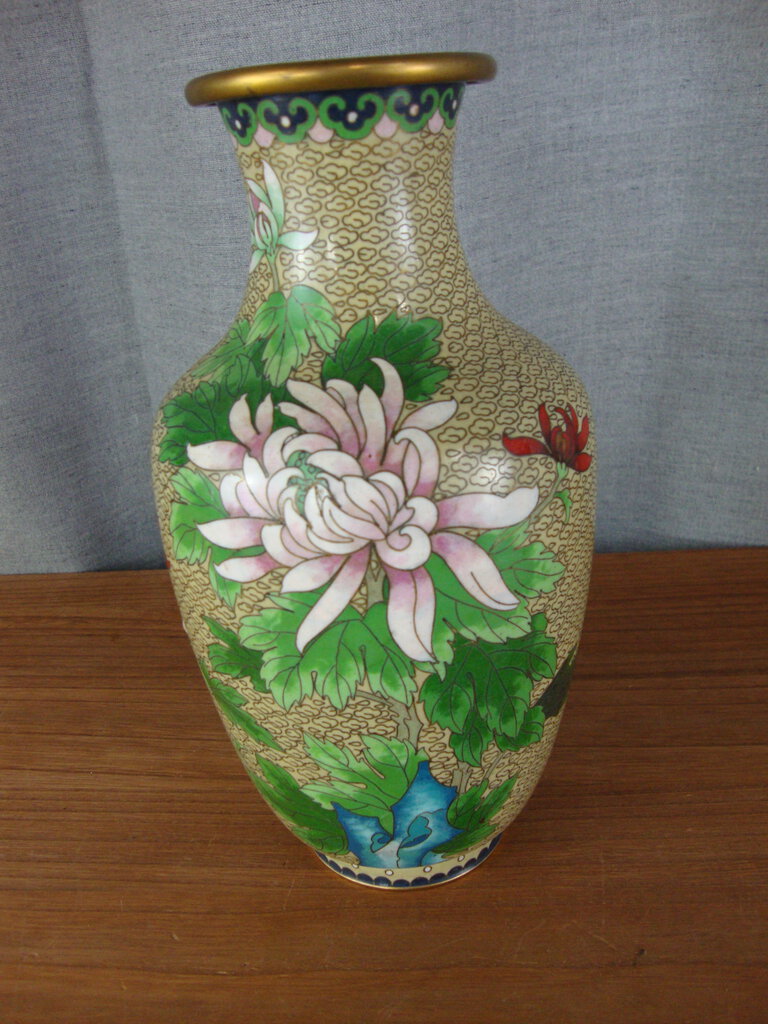 Vintage Oriental Mums & Butterflies Cloisonne Decor Vase