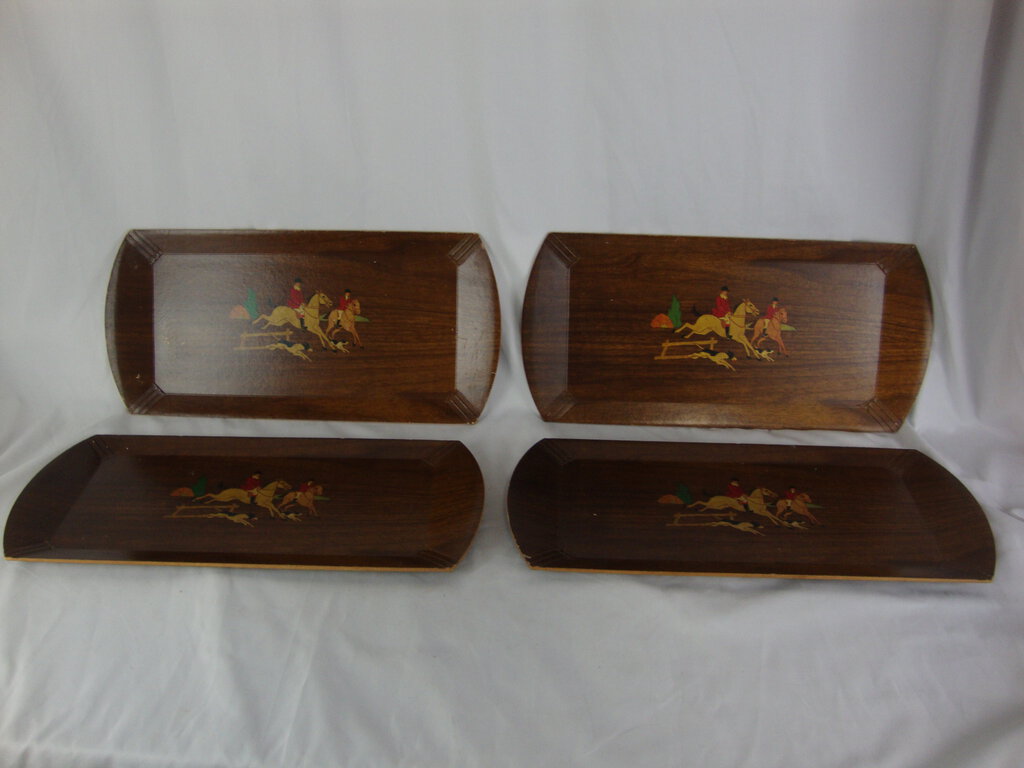 Vintage Haskelite Horse Hound Equestrian Rectangle Serving Trays Set of 4