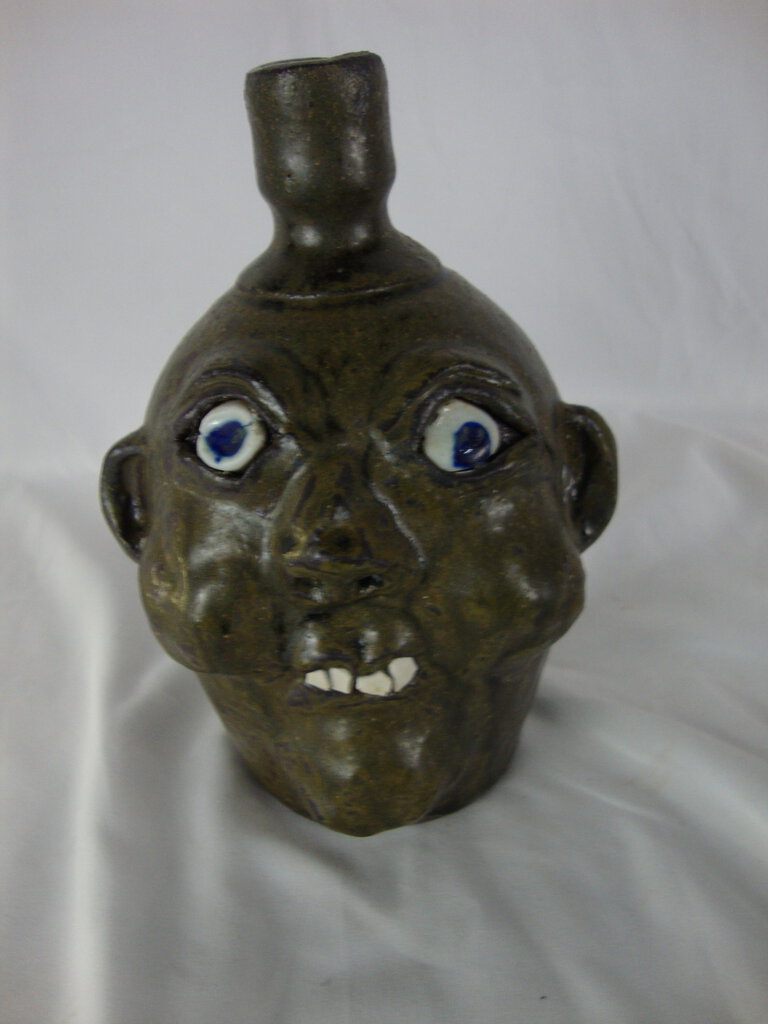 Harold & Grace Hewell 1999 Signed Folk Art Moss Green Ugly Face Jug