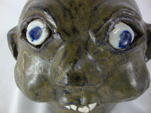 Load image into Gallery viewer, Harold &amp; Grace Hewell 1999 Signed Folk Art Moss Green Ugly Face Jug
