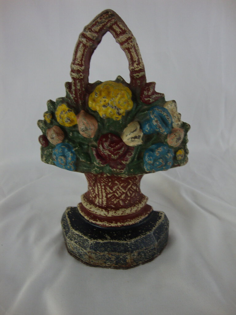 Antique Cast Iron Flower Tulip Rose Basket Door Stop Decor