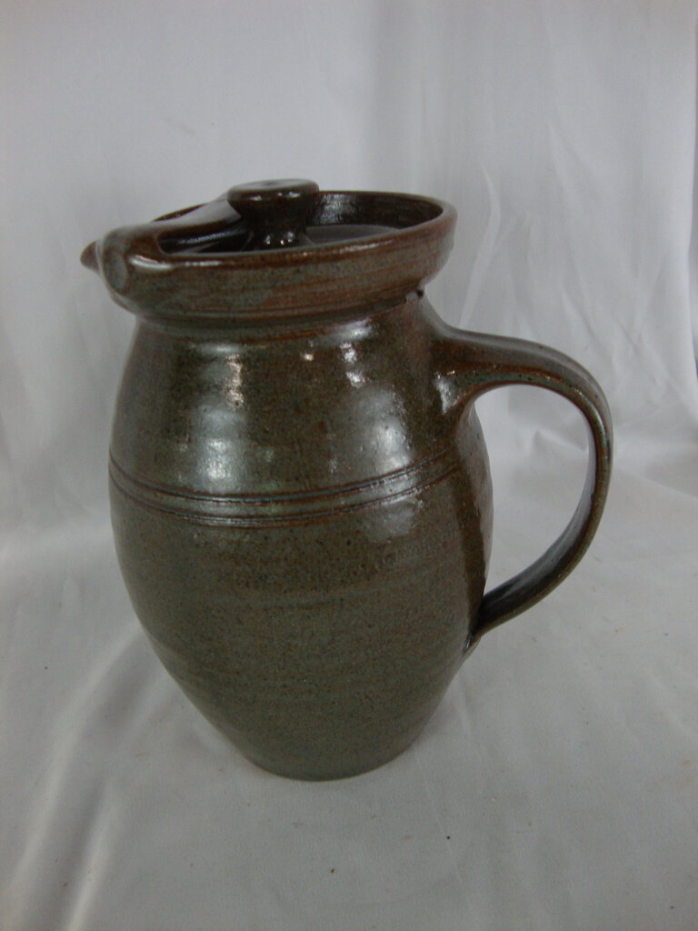 2002 Bolick Art Pottery Brown Speckled Pitcher with Lid and Lid Guard