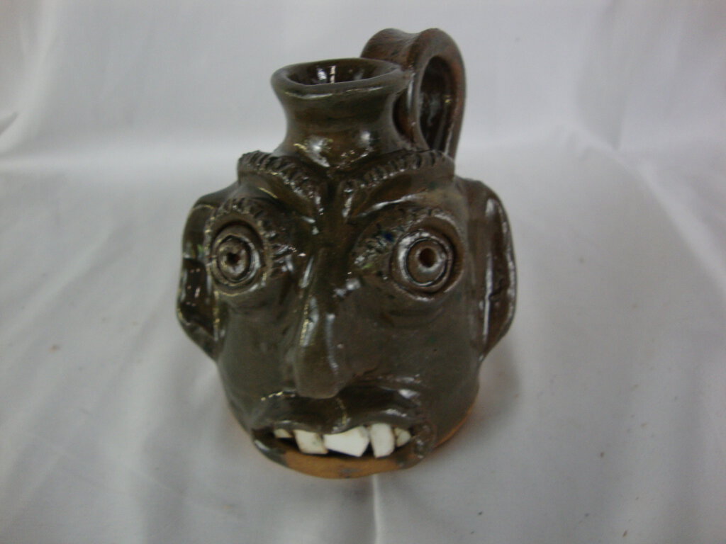 Mary & Stanley Ferguson Signed Folk Art Pottery Moss Green Small Ugly Face Jug