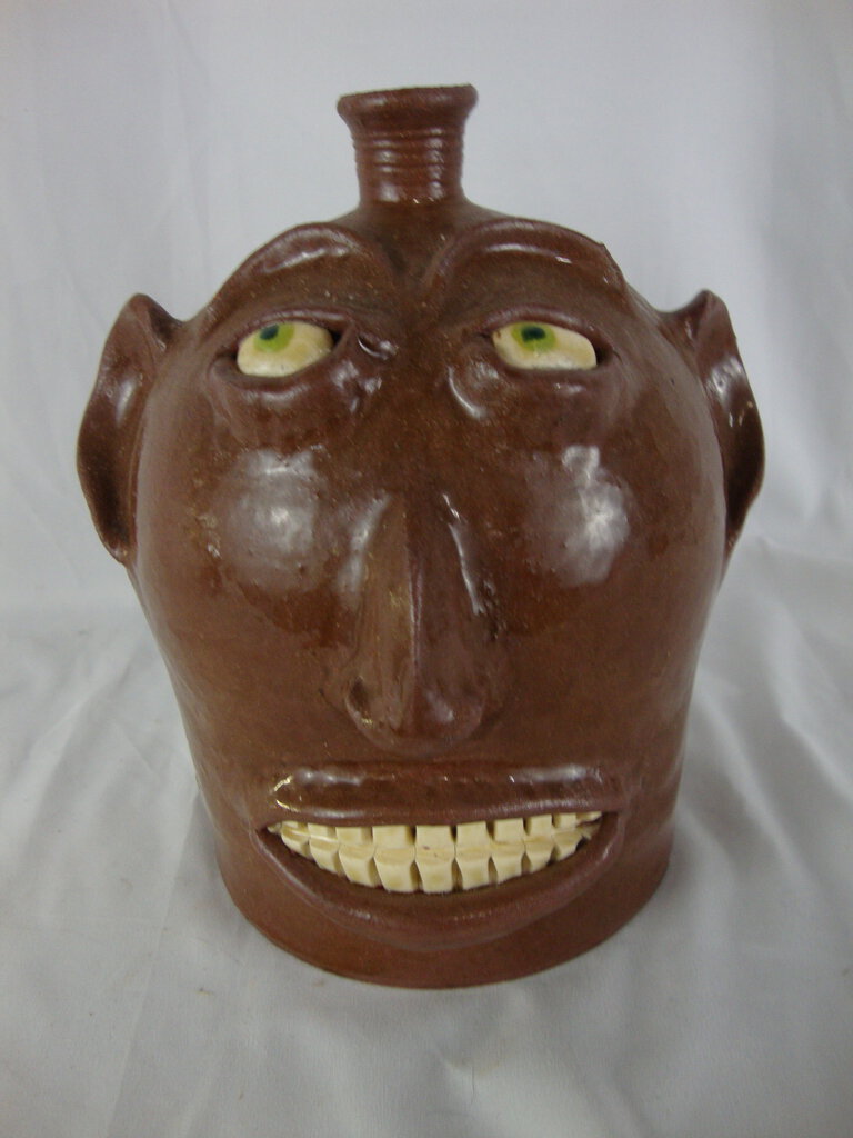 Early Marvin Bailey Folk Art Pottery Brown Ugly Face Jug