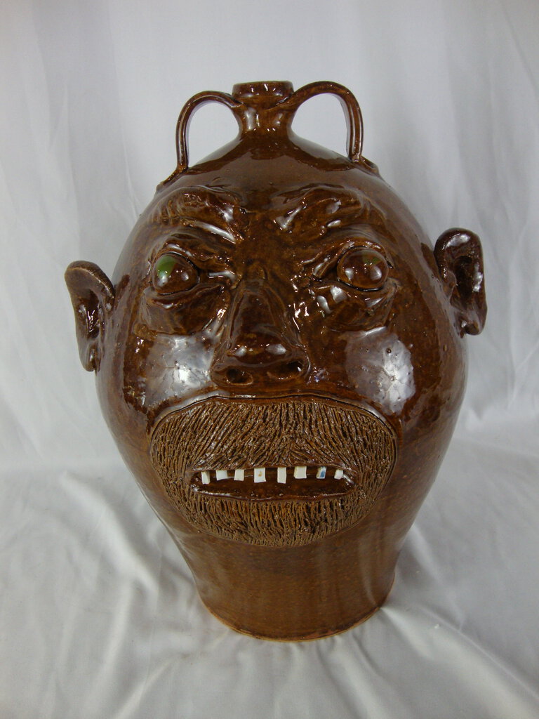 Marvin Bailey Signed Folk Art Pottery Brown Bearded Large Ugly Face Jug Double Handle