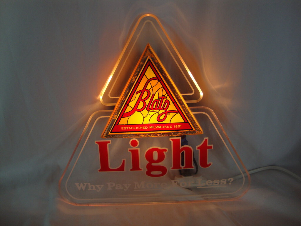 1983 Blatz Light Beer Plexi & Plastic Triangle Lighted Bar Beer Electric Sign