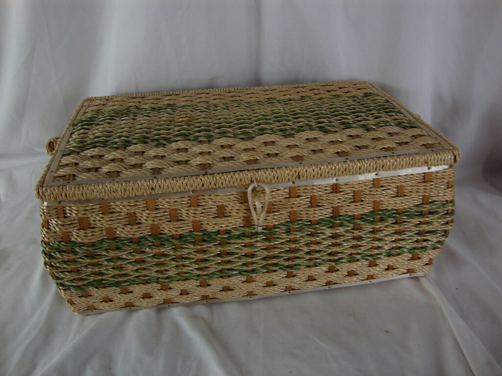 Vintage Penney's Japan Large Woven Sewing basket with Lid and Swing Handle