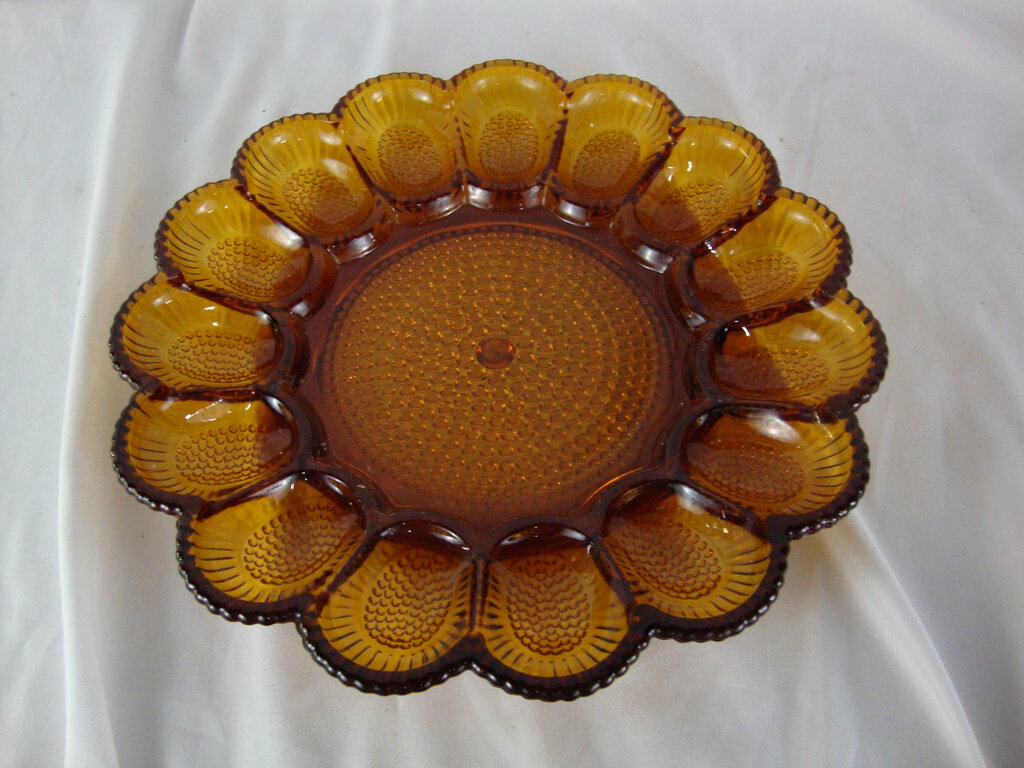 Vintage Indiana Amber Glass 15 Deviled Egg Serving Plate Platter Hobnail