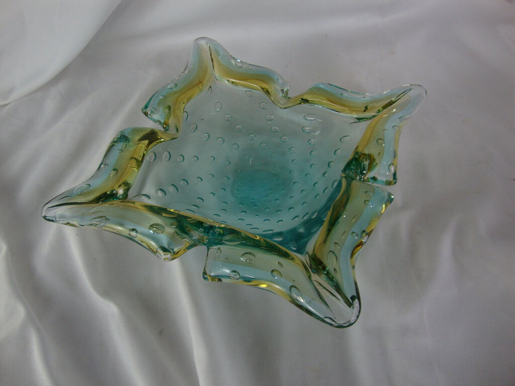 Vintage Art Glass Controlled Bubble Aqua Gold Glass Ashtray