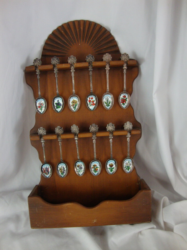 Vintage Monthly Flower Collector Spoons (12) with Wood Wall Display Shelf