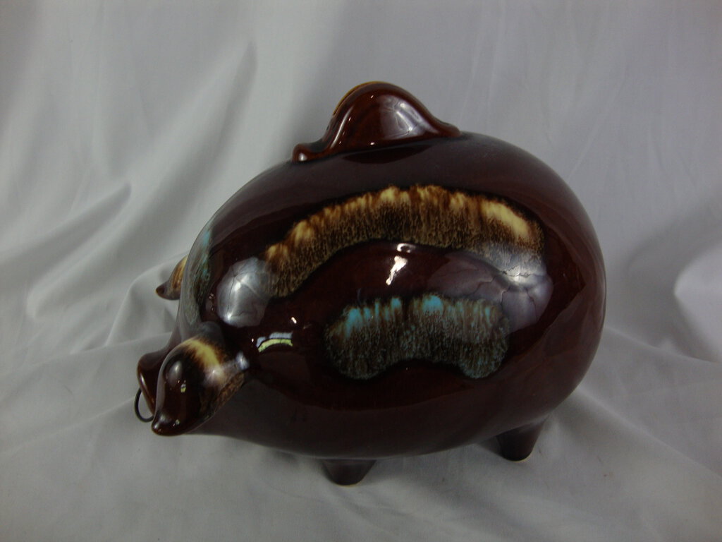 Vintage Hull USA 197 Brown Aqua Drip Glaze Pig Coin Piggy Bank