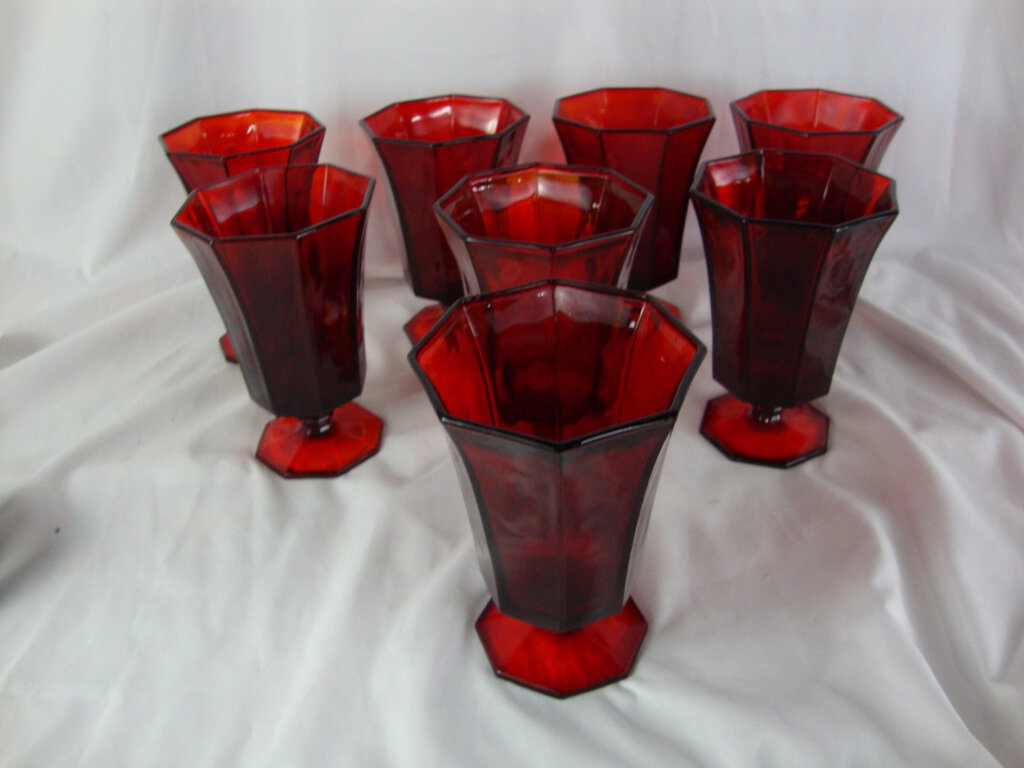 Vintage Independence Octagonal Ruby Red Iced Tea Water Goblet Set of 8