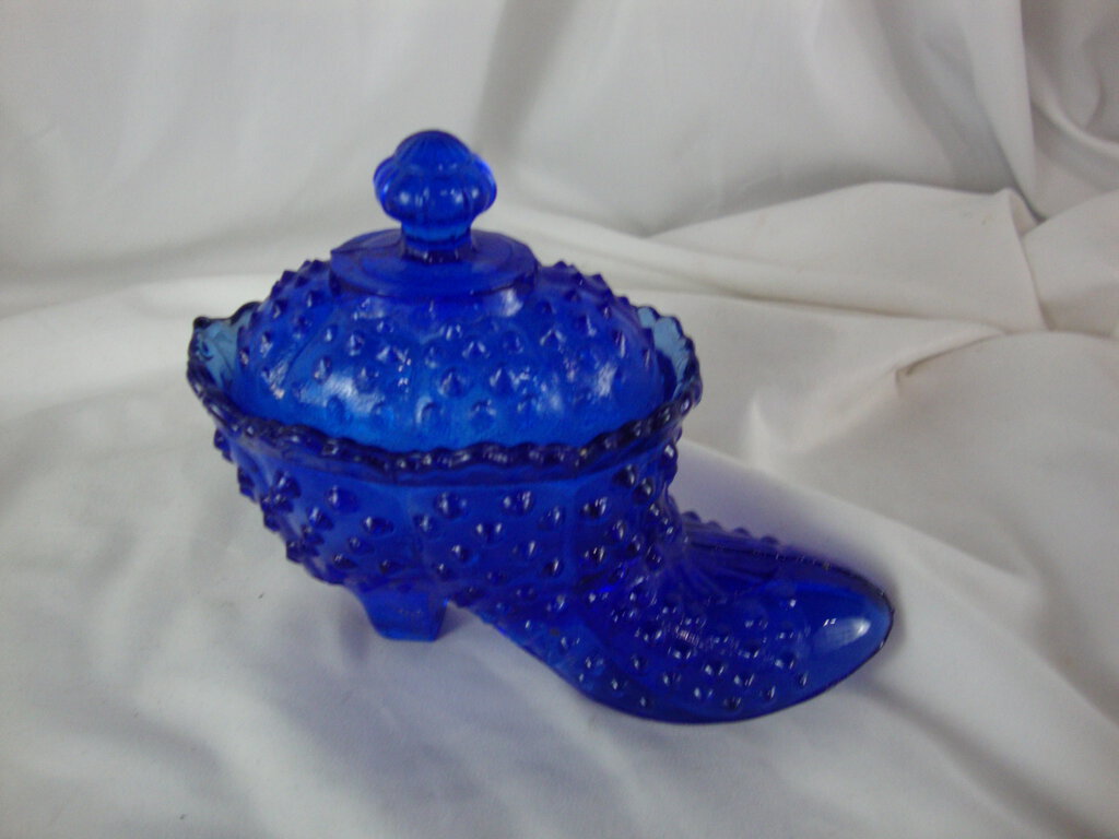 Vintage Cobalt Blue Hobnail Glass Victorian Shoe Slipper with Lid Candy Trinket Dish