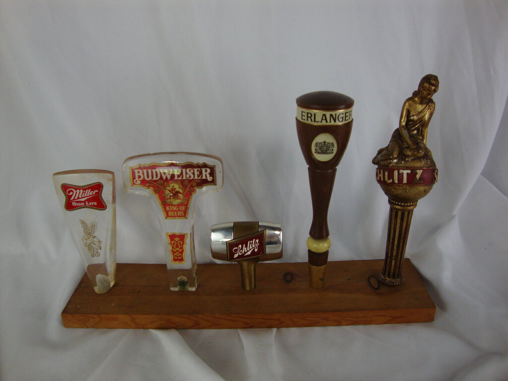 Vintage Schlitz, Erlanger, Budweiser, Miller, Beer Tap Handles (5) Mounted on Wood Board