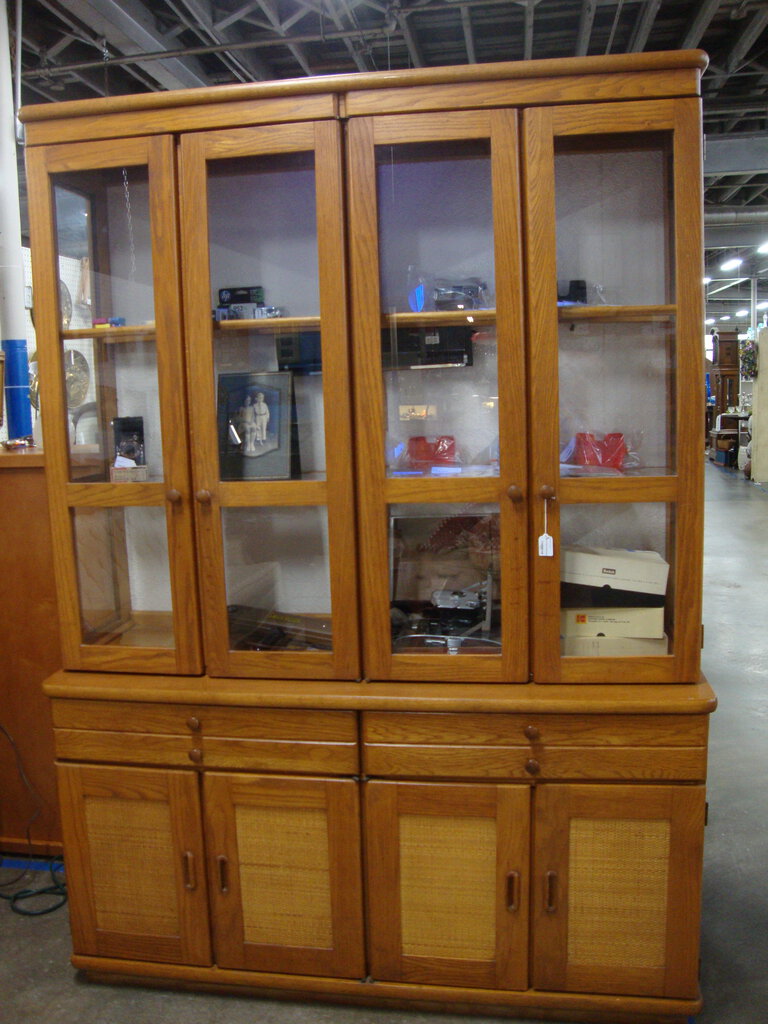 Vintage Oak Two Piece Lighted China Display Cabinet