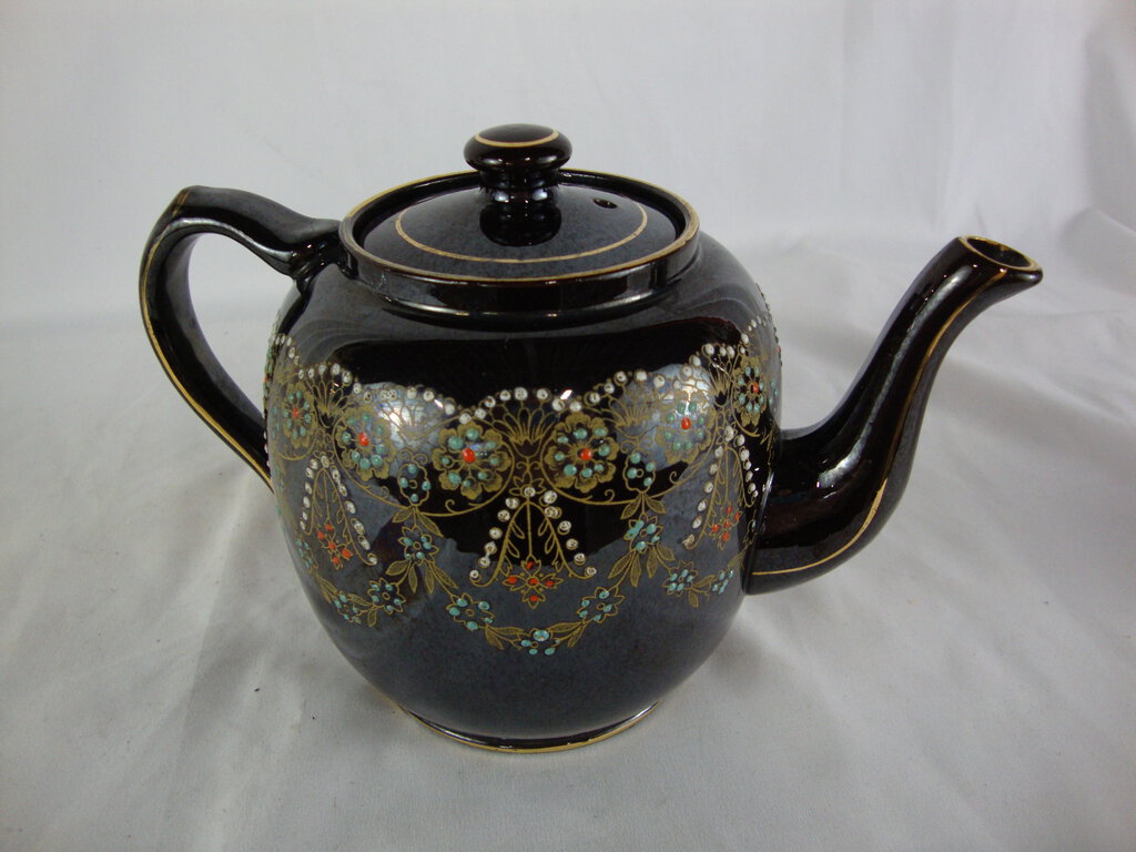 Vintage Sudlow England Brown Handpainted Floral Bead Ceramic Teapot