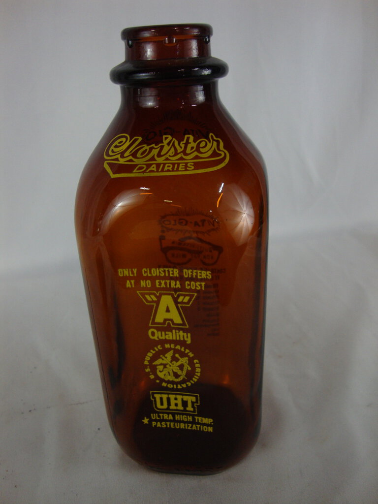 Vintage Cloister Dairies Amber Brown Glass Quart Dairy Milk Bottle