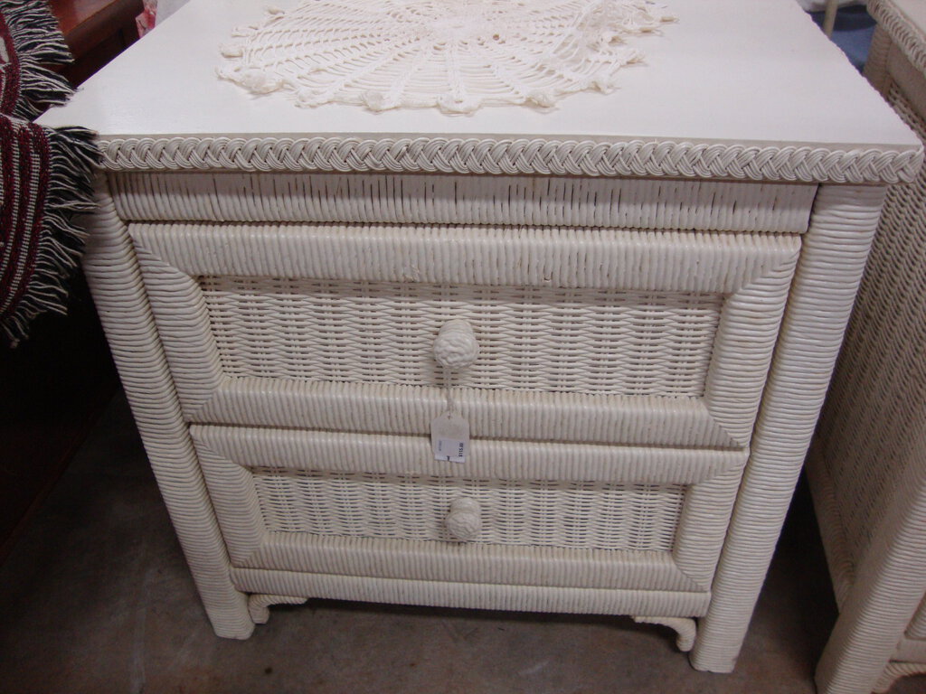 Vintage White Wicker and Wood Two Drawer Nighstand End Table