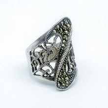 Load image into Gallery viewer, Vintage Sterling Silver Filigree Marcasite Swerve Ring, Size 7
