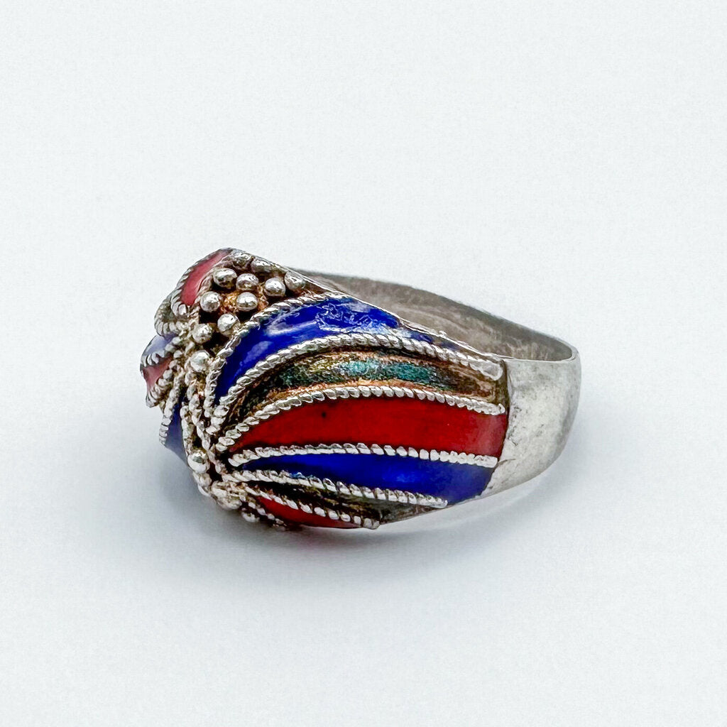 Vintage Sterling Silver Domed Blue Red Toned Silver Stripe Ring, Size 7.5