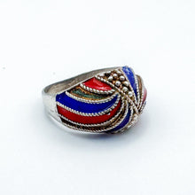 Load image into Gallery viewer, Vintage Sterling Silver Domed Blue Red Toned Silver Stripe Ring, Size 7.5
