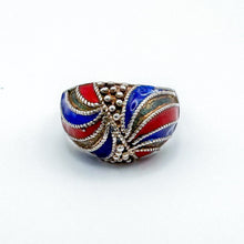 Load image into Gallery viewer, Vintage Sterling Silver Domed Blue Red Toned Silver Stripe Ring, Size 7.5
