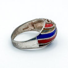 Load image into Gallery viewer, Vintage Sterling Silver Domed Blue Red Toned Silver Stripe Ring, Size 7.5
