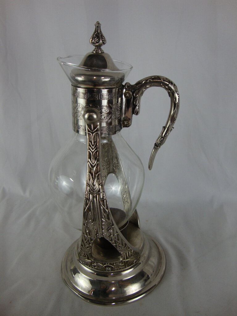 Vintage Clear Glass Coffee Tea Carafe with Silver Tone Warmer Pourer Stand