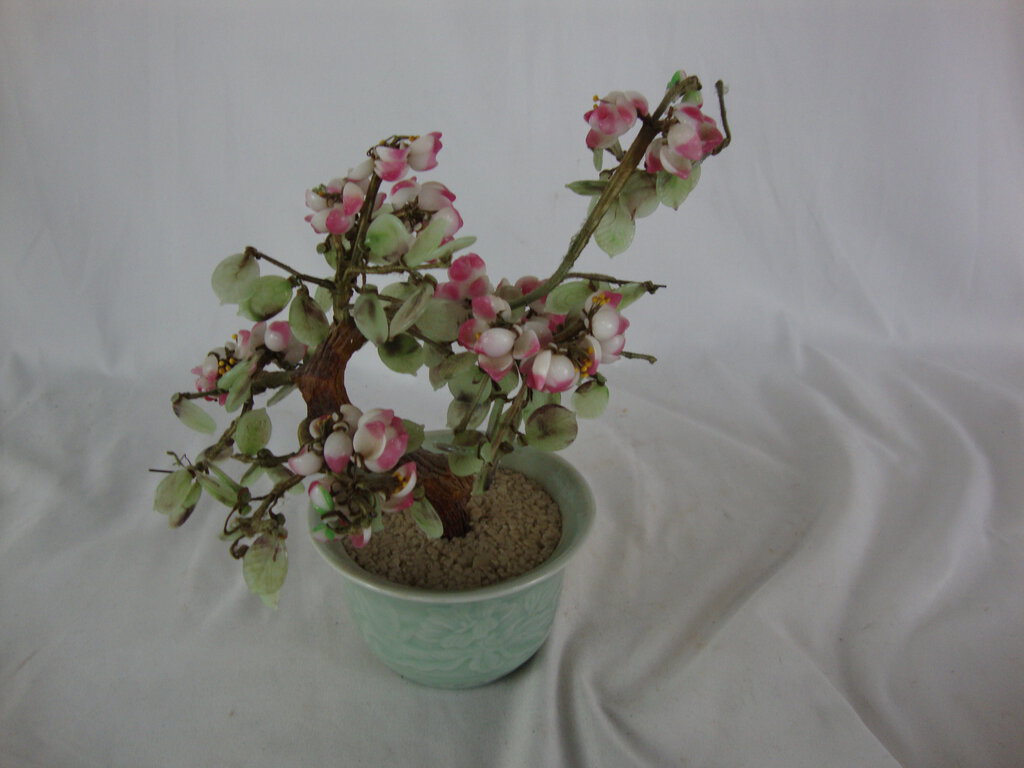 Vintage Chinese Glass Agate Celadon Pot Flowering Jade Bonsai Tree