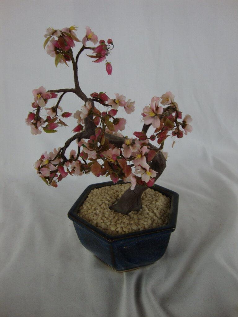 Vintage Japan Glass Agate Blue Black Speckle Pot Flowering Bonsai Tree