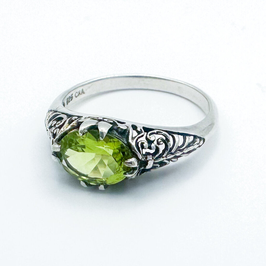 Vintage Sterling Silver Filigree Peridot Ring, Size 7.25