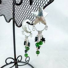 Load image into Gallery viewer, Vintage Sterling Silver Star Moon Black &amp; Green Beaded Dangling Earrings
