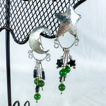 Load image into Gallery viewer, Vintage Sterling Silver Star Moon Black &amp; Green Beaded Dangling Earrings
