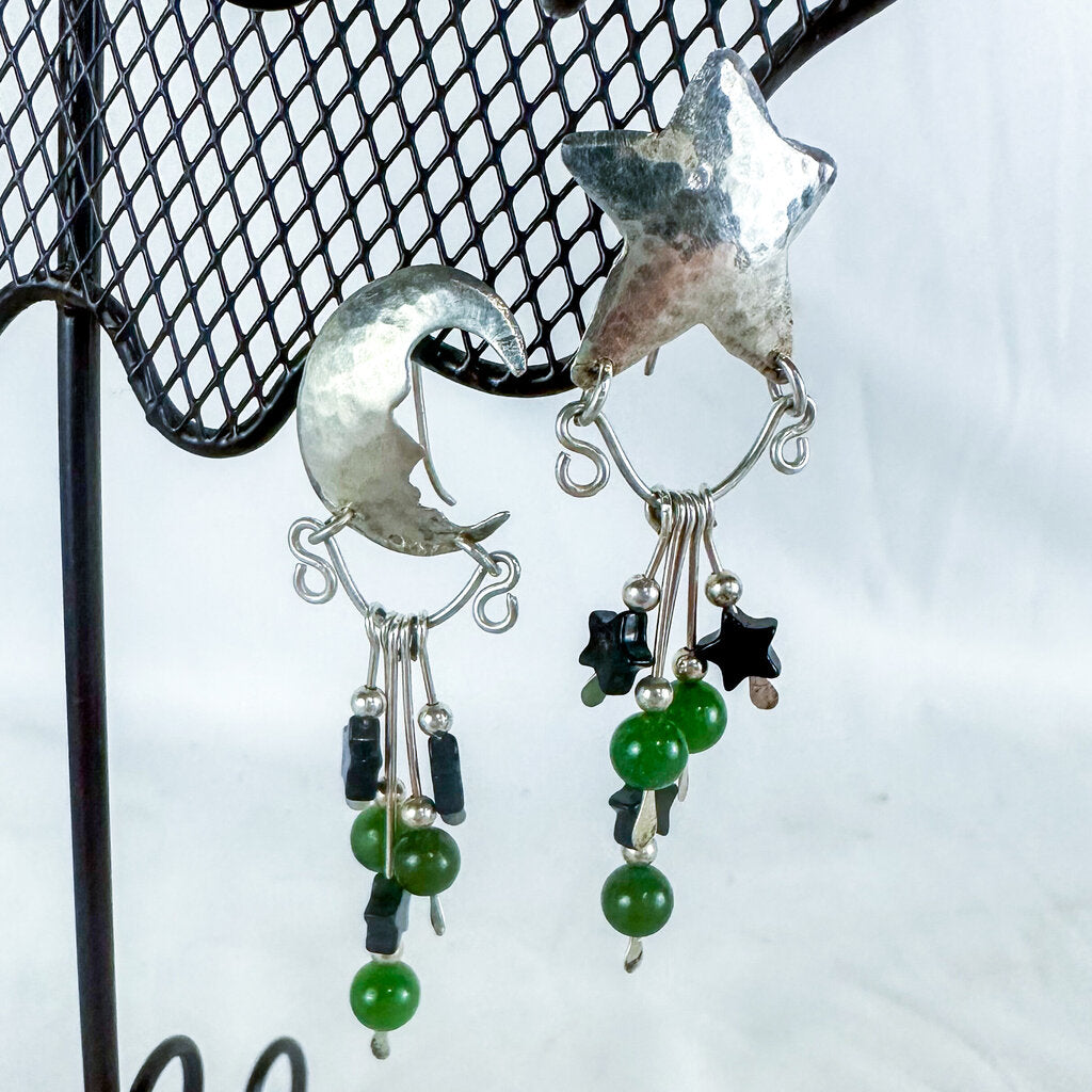 Vintage Sterling Silver Star Moon Black & Green Beaded Dangling Earrings