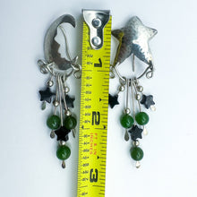 Load image into Gallery viewer, Vintage Sterling Silver Star Moon Black &amp; Green Beaded Dangling Earrings
