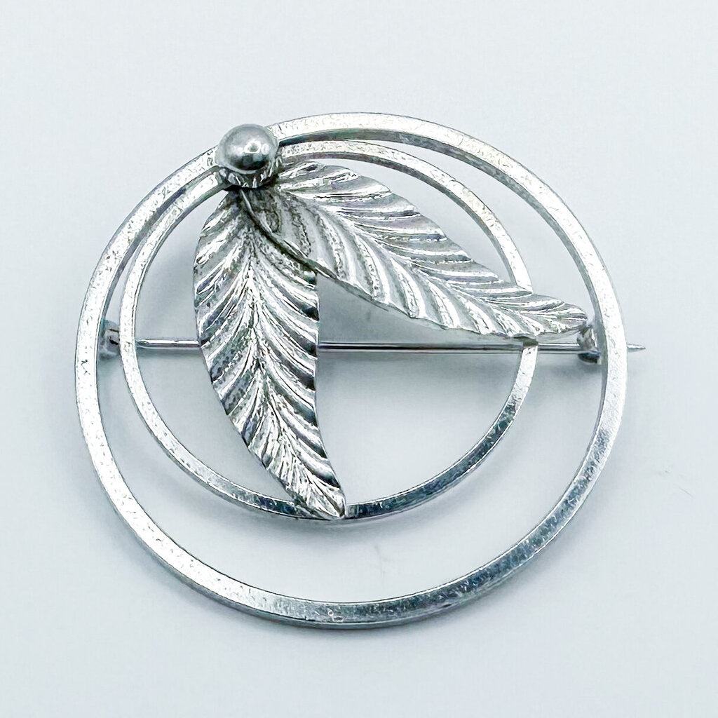 Vintage Van Dell Sterling Silver Leaf in Double Circle Brooch